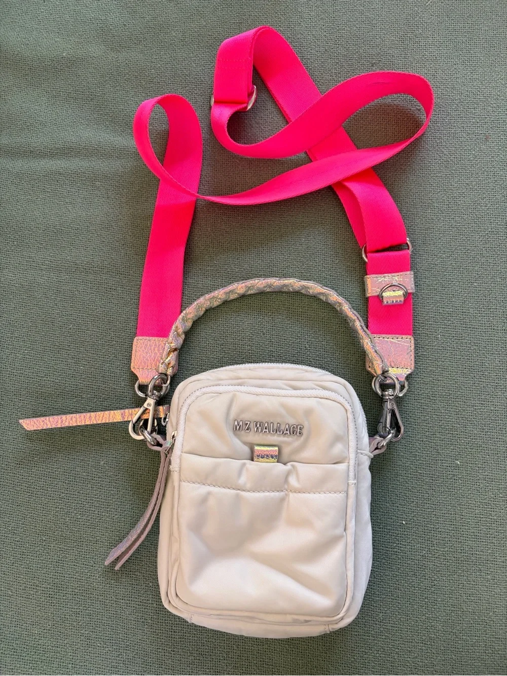 MZ Wallace 'Unicorn' MiniCrosby white  with Neon Pink Strap and iridescent trim